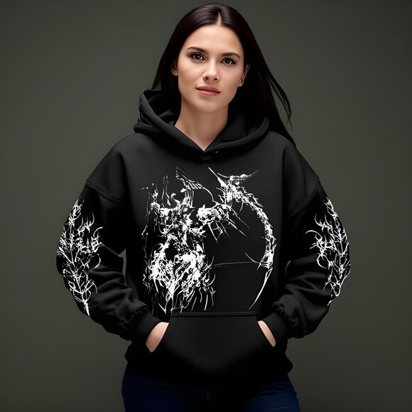 Mens Graphic Hoodie, Black Dark Streetwear Gothic Jacket, Cotton Polysester Blen - Picture 4 of 4